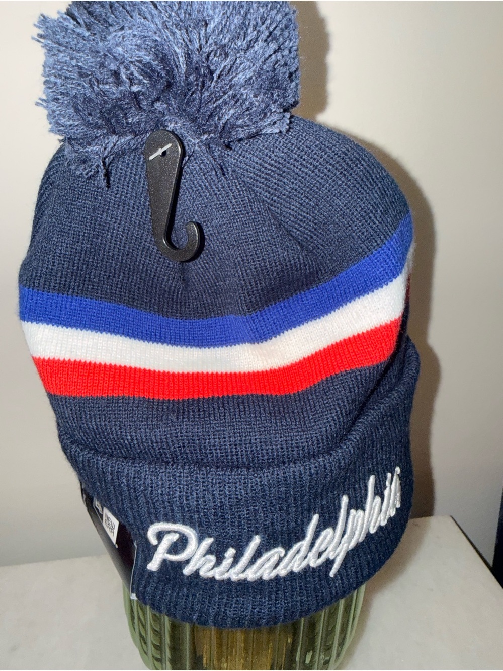 NBA Philadelphia Pom Knit Beanie - Navy with Blue, White & Red Stripes